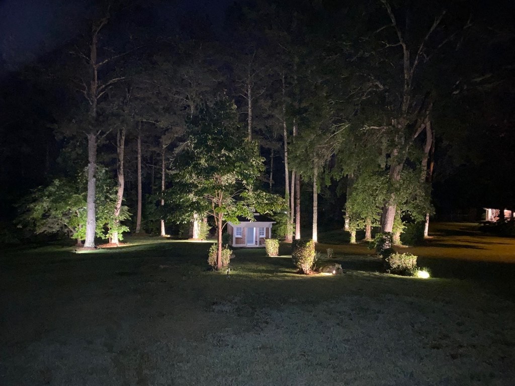the campsite is lit up at night with trees and a tent
