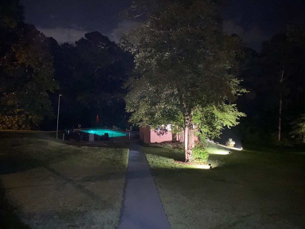 a backyard at night with a pool and a tree