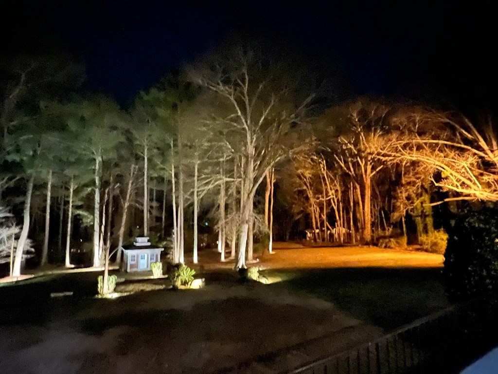 the park at night is lit up with trees and a gazebo