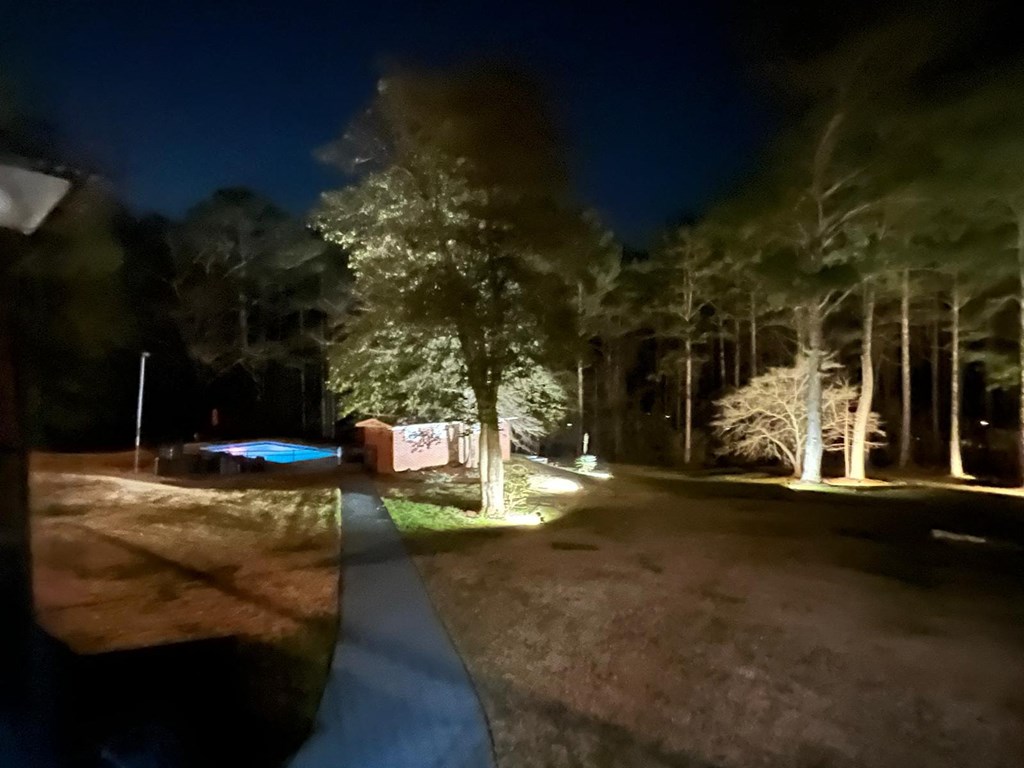 a backyard at night with trees and a pool