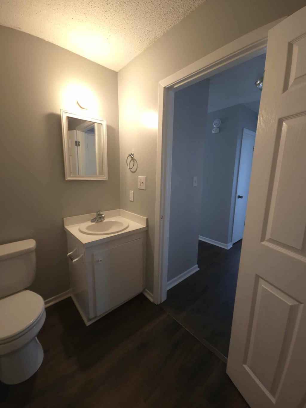 A bathroom with a toilet, sink, and mirror.