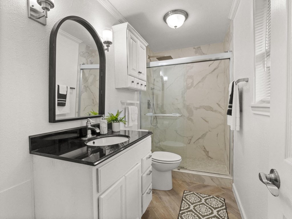 a bathroom with a shower and a sink and a mirror