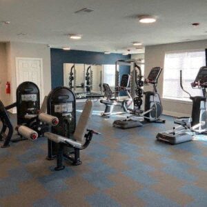a gym with a lot of exercise equipment in it