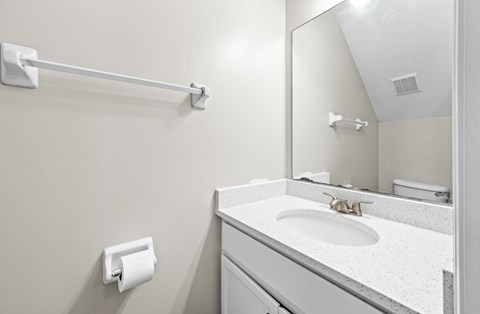 A bathroom with a sink, mirror, and toilet paper holder.