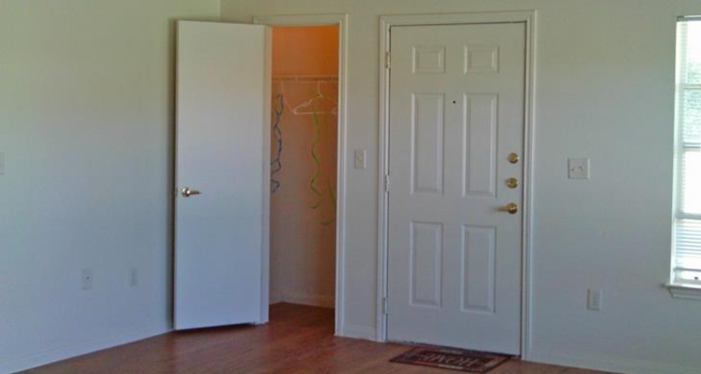 an empty room with a white door and a closet