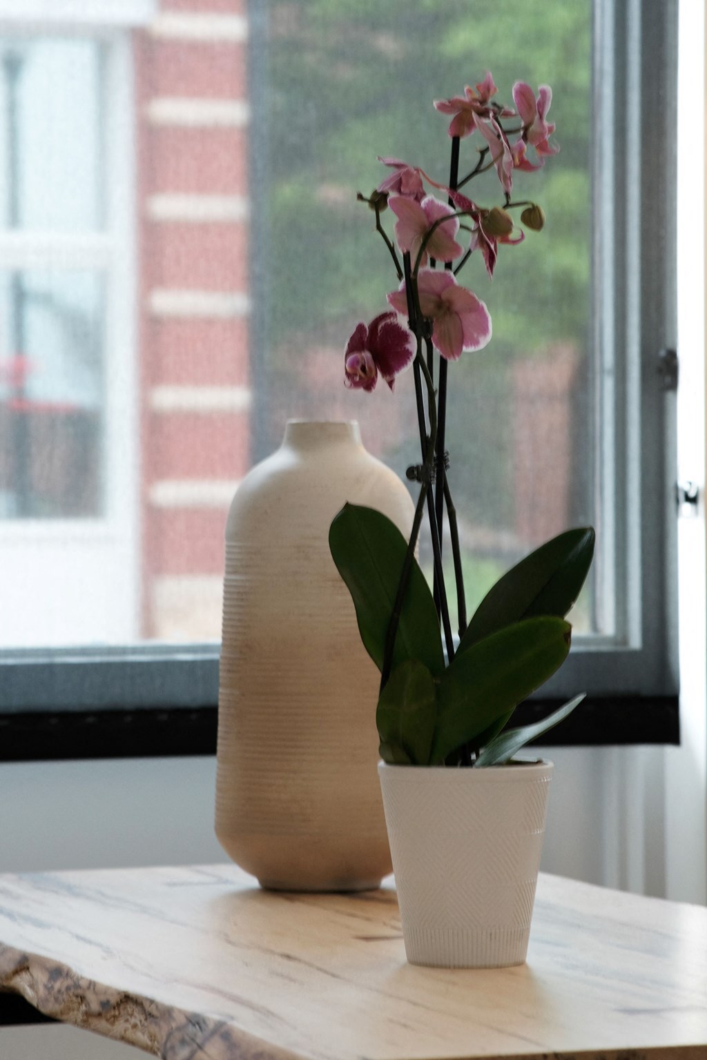a vase with flowers on a table in front of a window