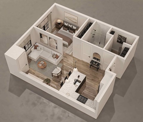 A 3D rendered image of a modern apartment layout.