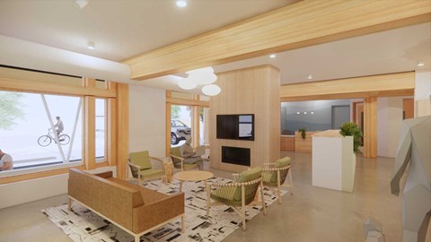 a rendering of a living room with a table and chairs