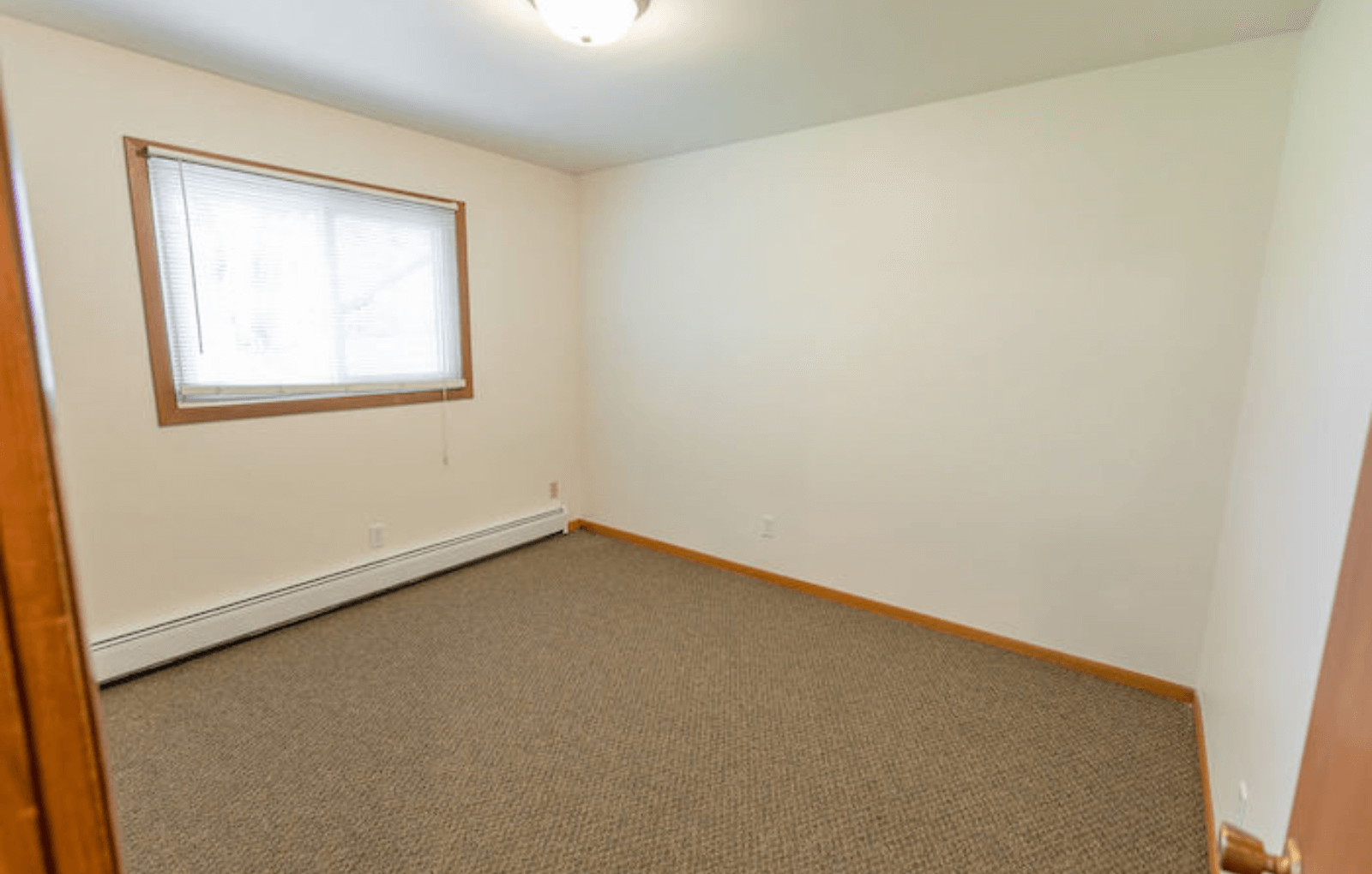 an empty living room with a window and carpet
