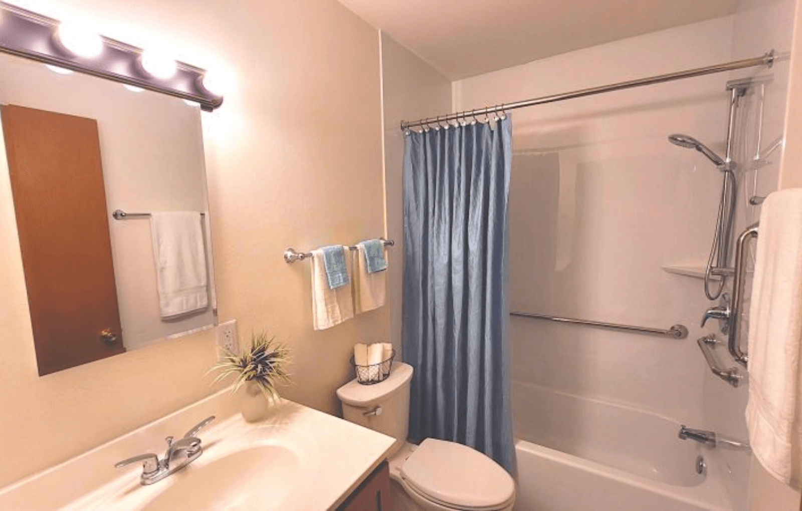 a bathroom with a shower toilet and sink and a mirror