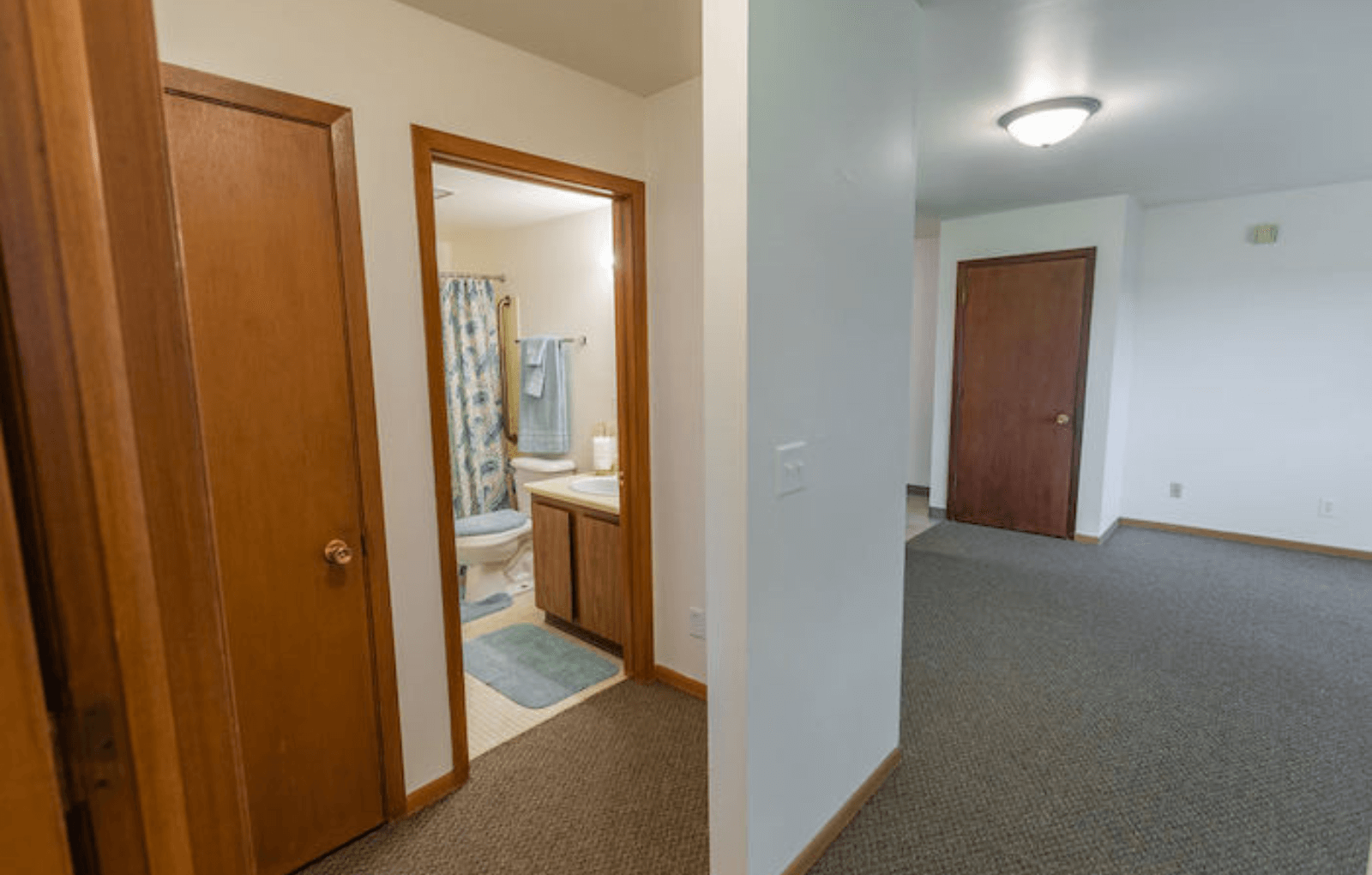 a bedroom and a bathroom with a toilet and a sink