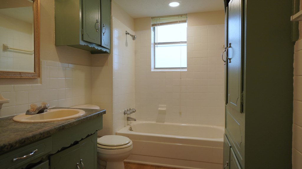 a bathroom with a sink toilet and a bath tub
