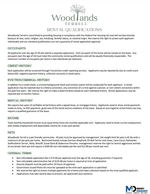 A document from Woodlands Terrell Rental Qualifications outlining various rental qualifications.