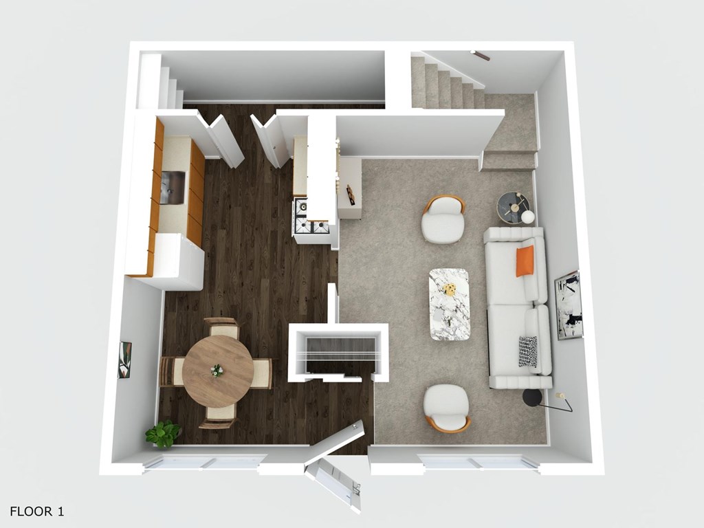 A top down view of a small apartment with a kitchen, living room and bathroom.