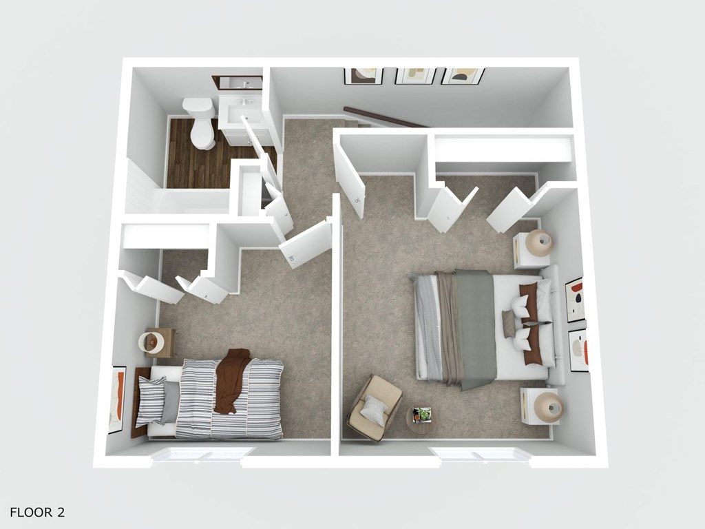 A top down view of a small apartment with two bedrooms and a living room.