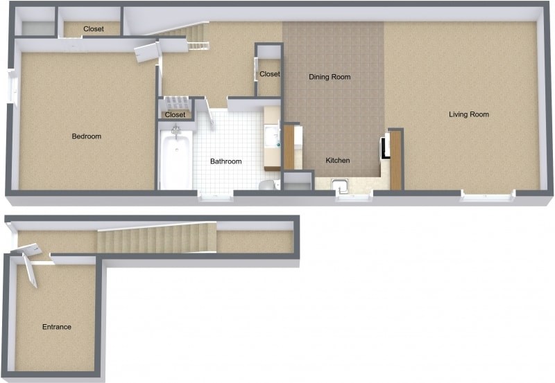 A floor plan of a house with a bedroom, bathroom, kitchen, dining room, living room, and an entrance.