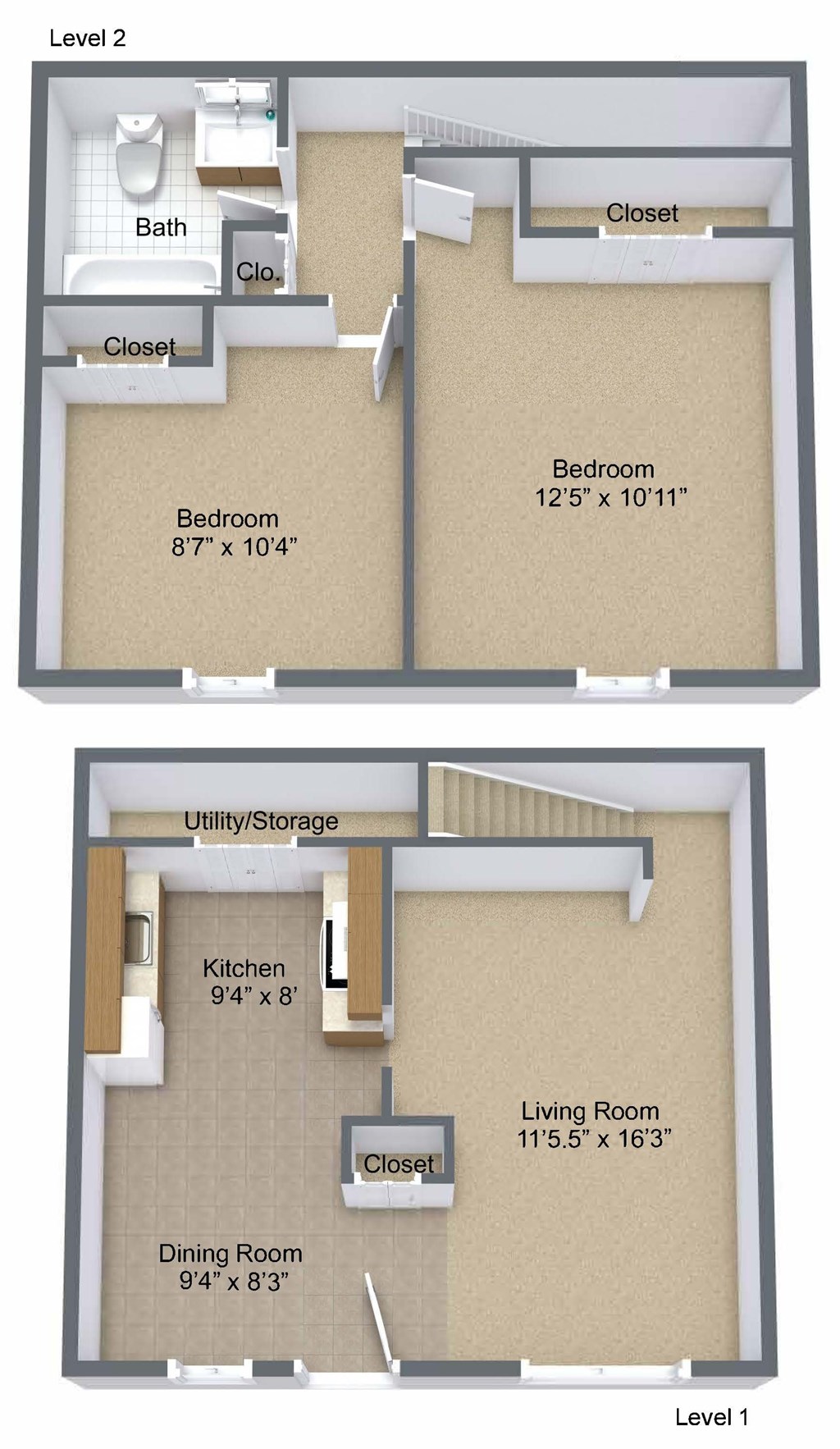 A diagram shows a two-level apartment layout with labeled rooms.