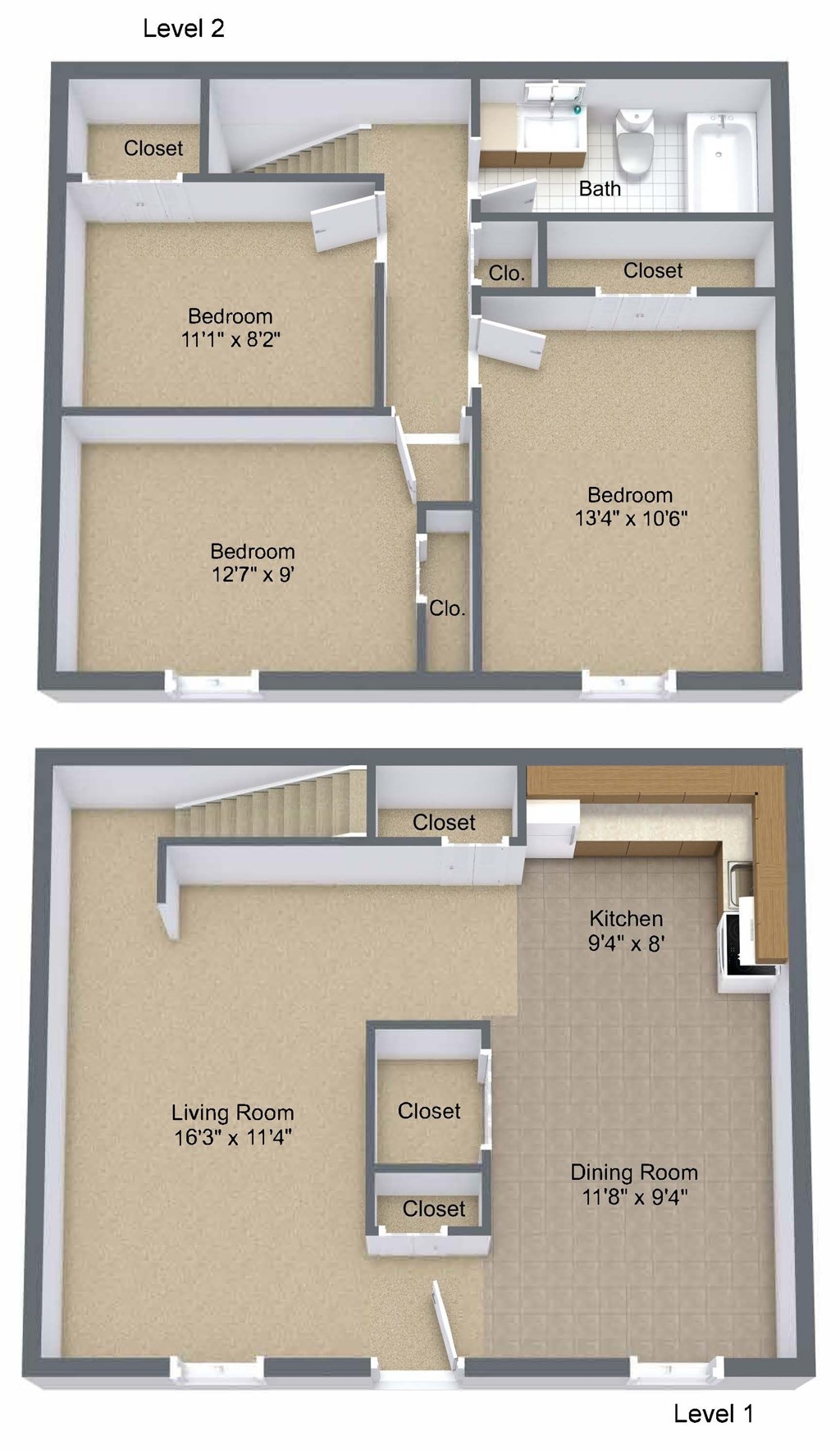 A diagram of a two-level apartment layout with labeled rooms and dimensions.