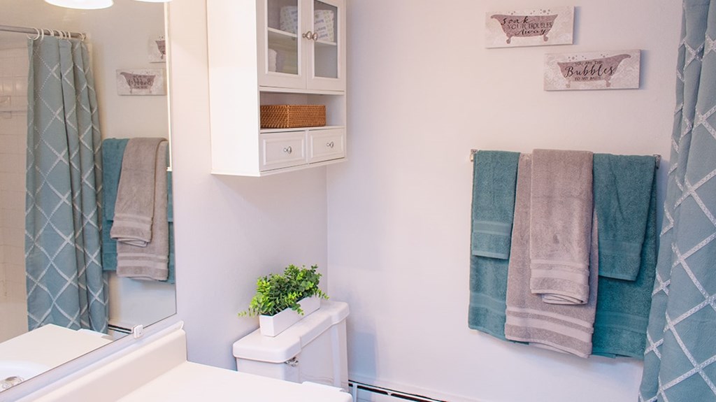 A white toilet sits under a cabinet in a bathroom.