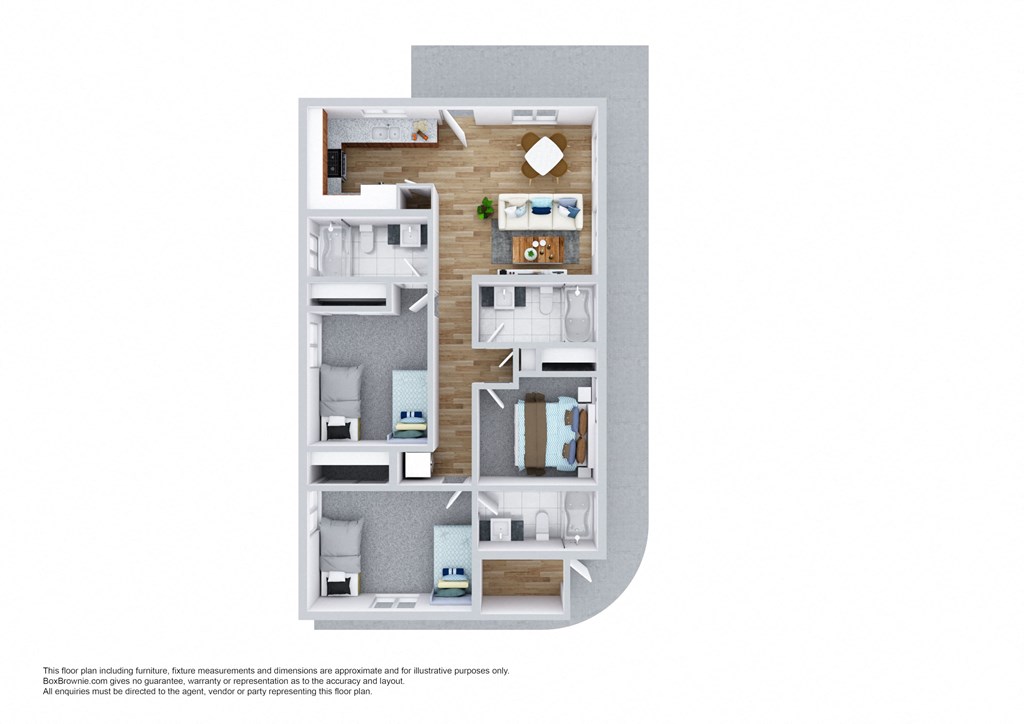 A floor plan of a house with a kitchen, living room, and two bedrooms.