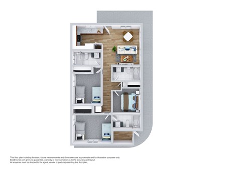 A floor plan of a house with a kitchen, living room, and two bedrooms.