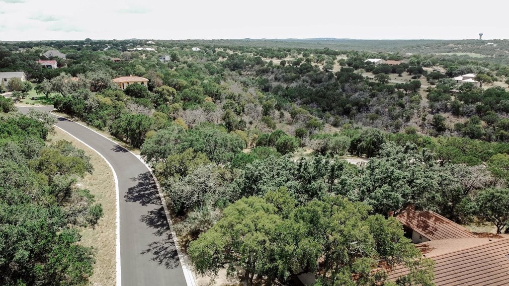 a road winding through a forest next to a house