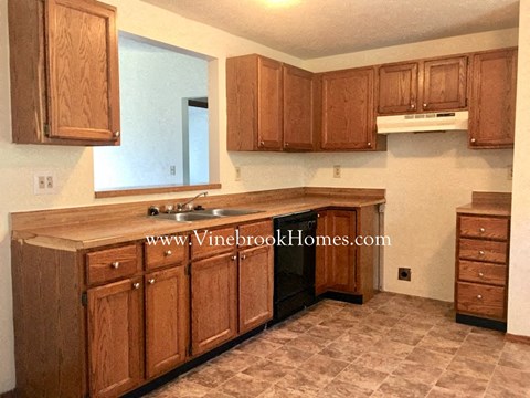 a small kitchen with wooden cabinets and a sink
