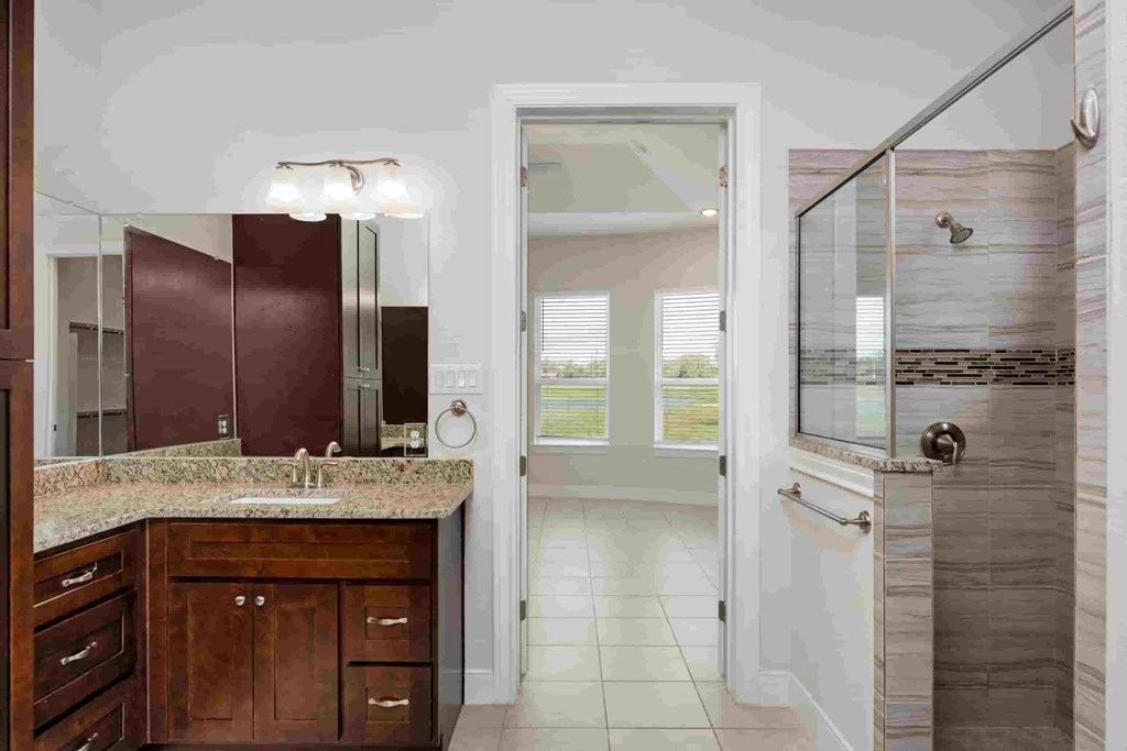 a bathroom with a sink and a mirror and a shower
