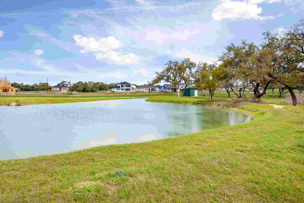 a small pond with houses in the background