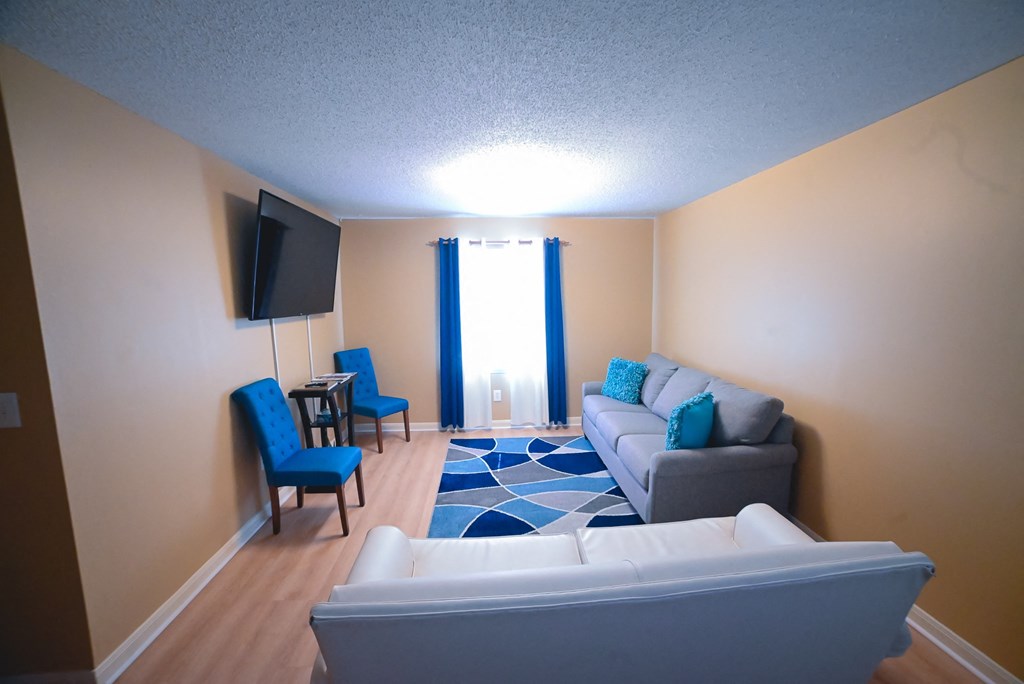 a living room with a couch and a tv