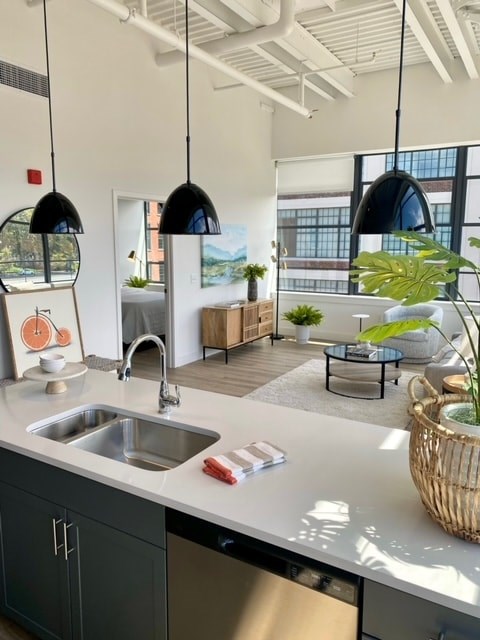 A kitchen with a sink and a countertop.