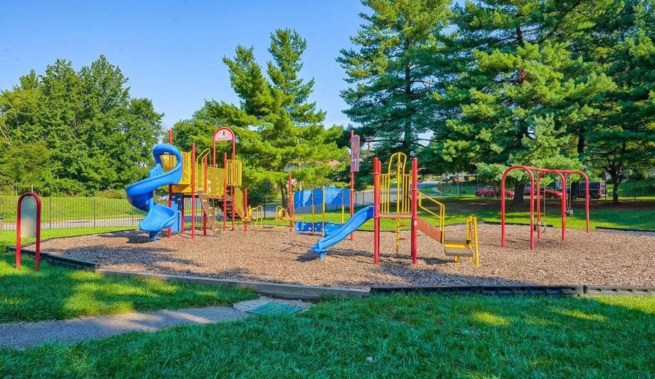 a playground with a slide and other toys in a park