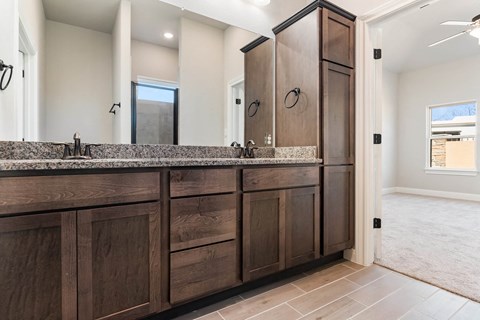 the master bathroom has dual sinks and a large vanity with wood cabinets
