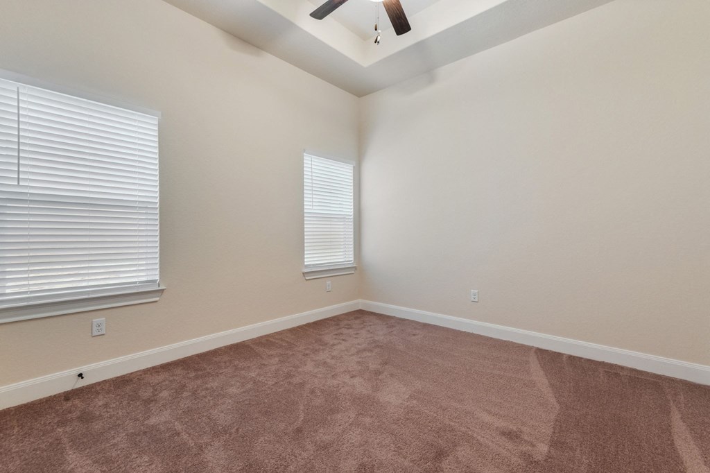 the spacious living room with carpet and two windows