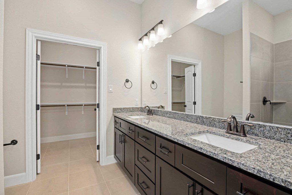 a bathroom with a sink and a mirror and a shower