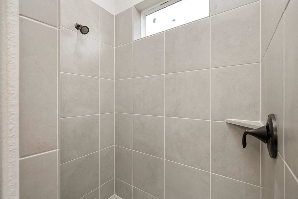 a bathroom with a shower and a window