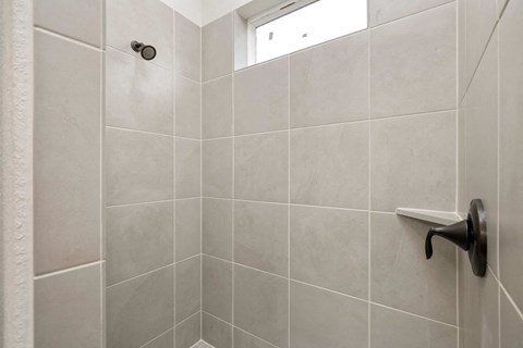 a bathroom with a shower and a window