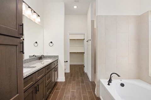 a bathroom with a tub and a sink and a mirror