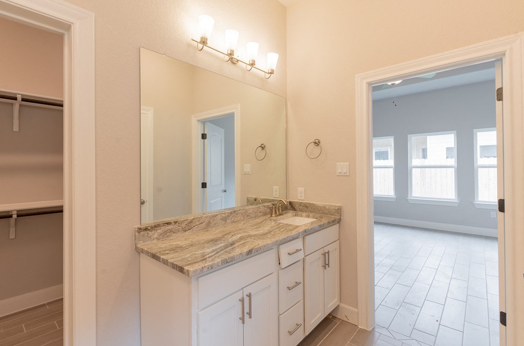 a bathroom with a sink and a mirror and a closet