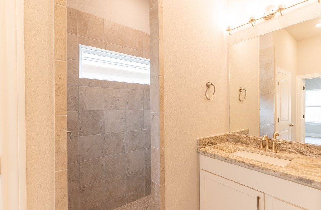 a bathroom with a shower and a sink and a mirror