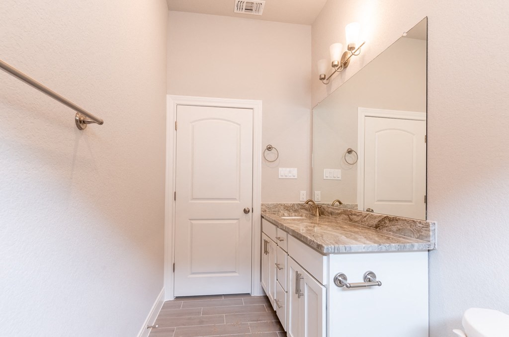 a bathroom with a sink and a mirror and a shower