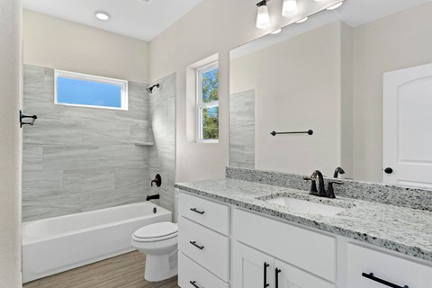 a bathroom with a sink and a toilet and a tub