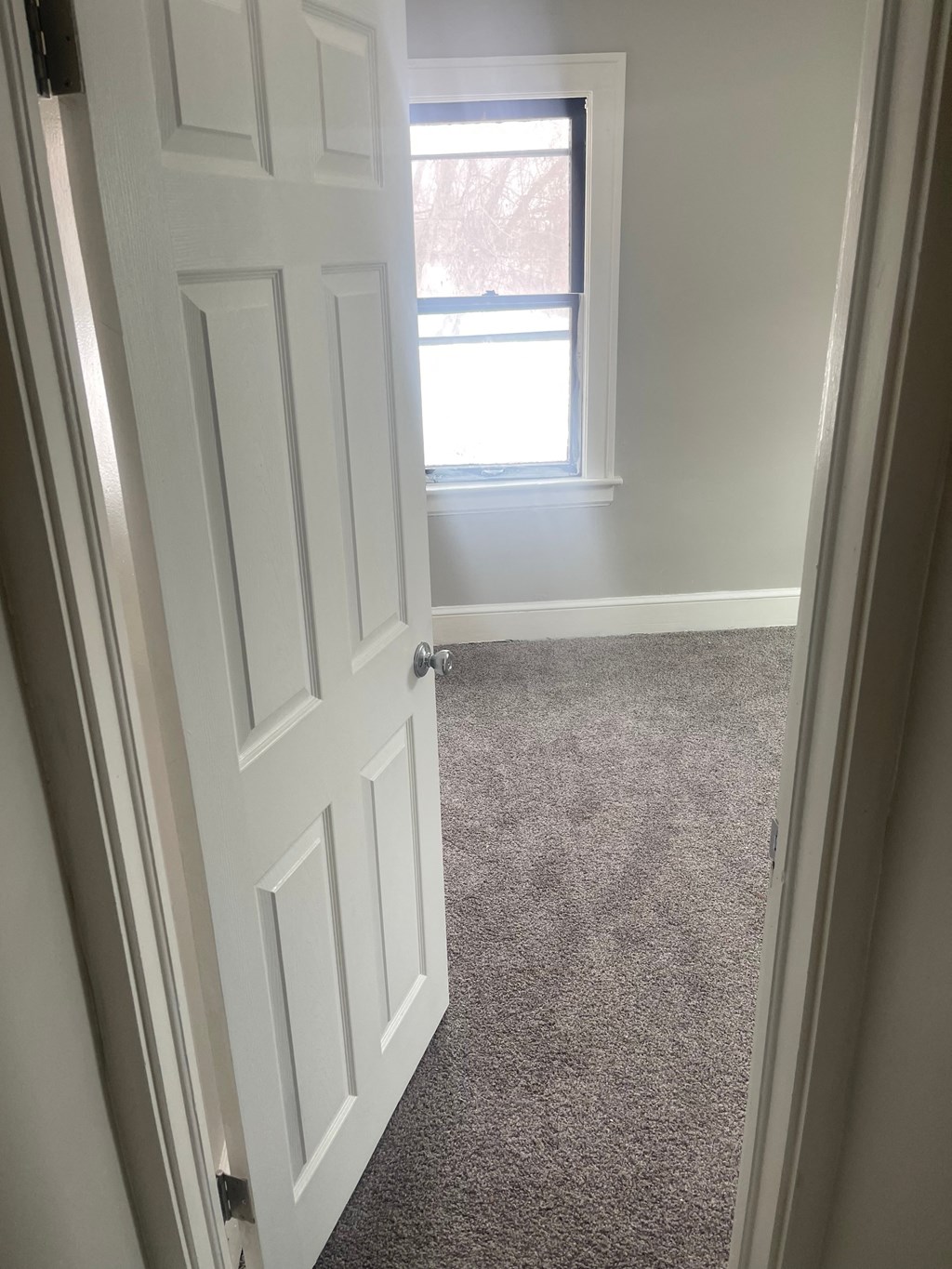 A white door is open to a room with a carpeted floor and a window.