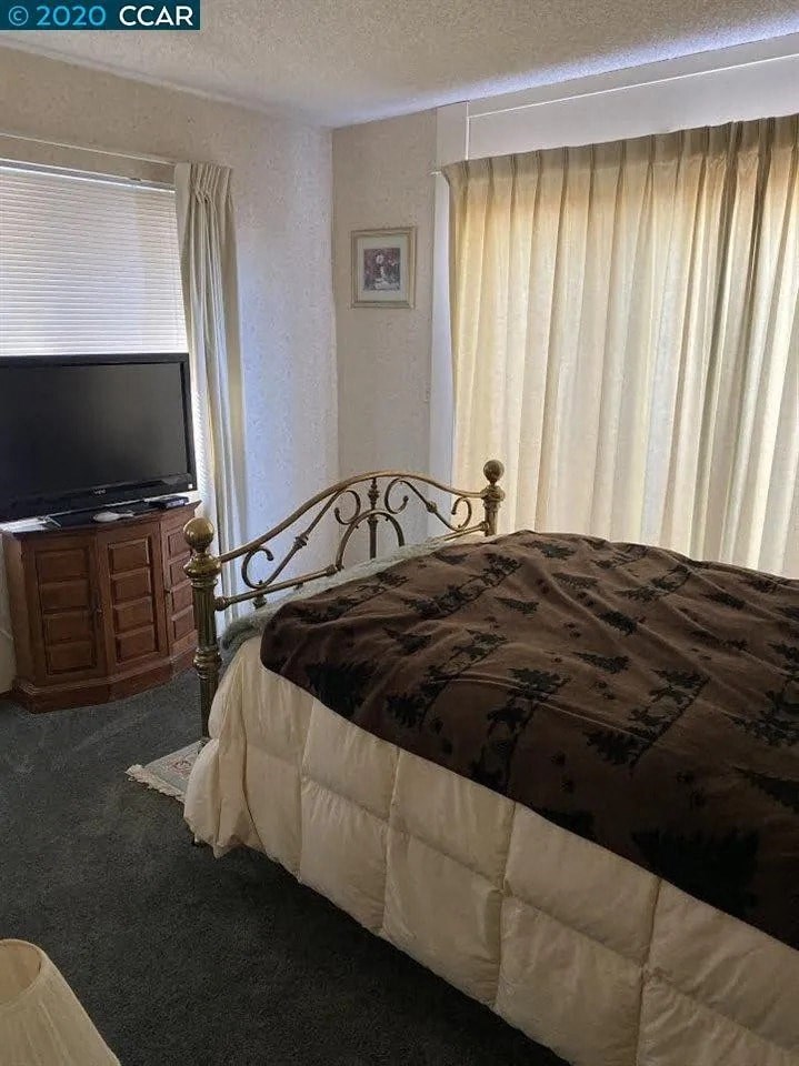 a bedroom with a bed and a tv in it