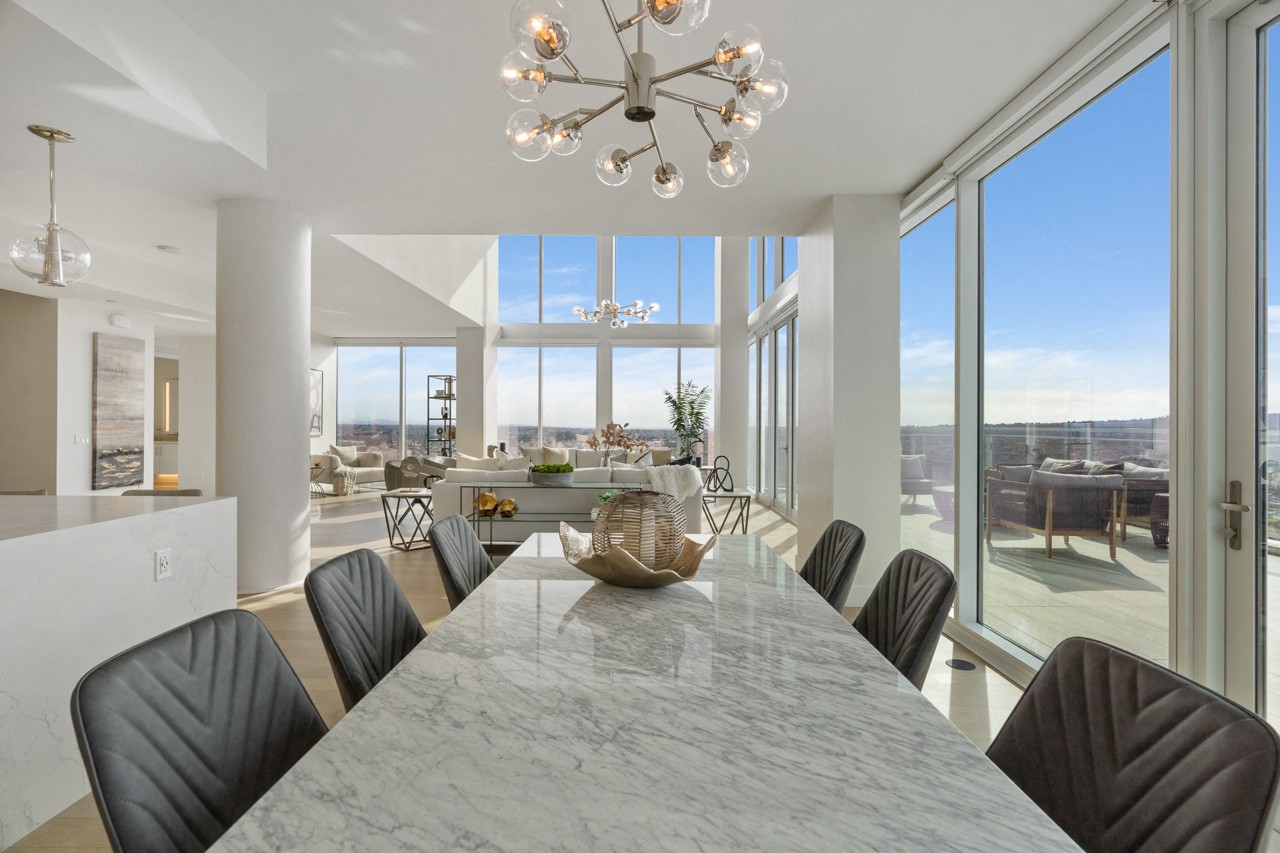 dining and living room with table and seating