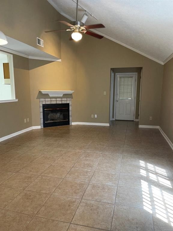 A room with a fireplace and a ceiling fan.
