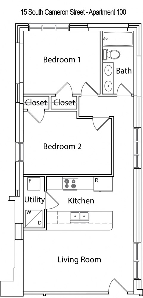 a floor plan of a small house with a living room and a bedroom
