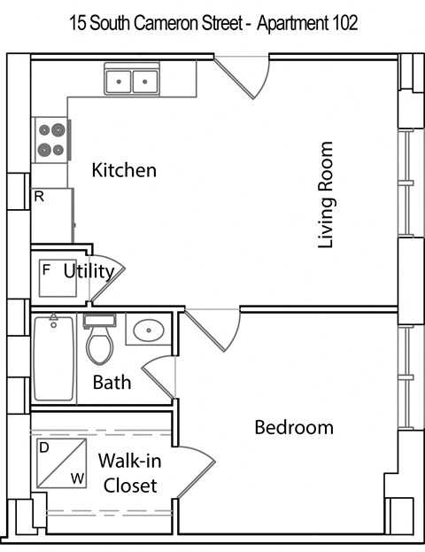 a floor plan of a small house with a bathroom and a kitchen