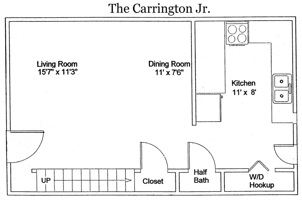 A floor plan of a one bedroom apartment named The Carrington Jr.