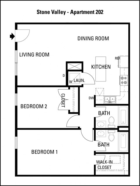 A floor plan of the Stone Valley apartment, showing the layout of the living and dining room, kitchen, and two bedrooms.